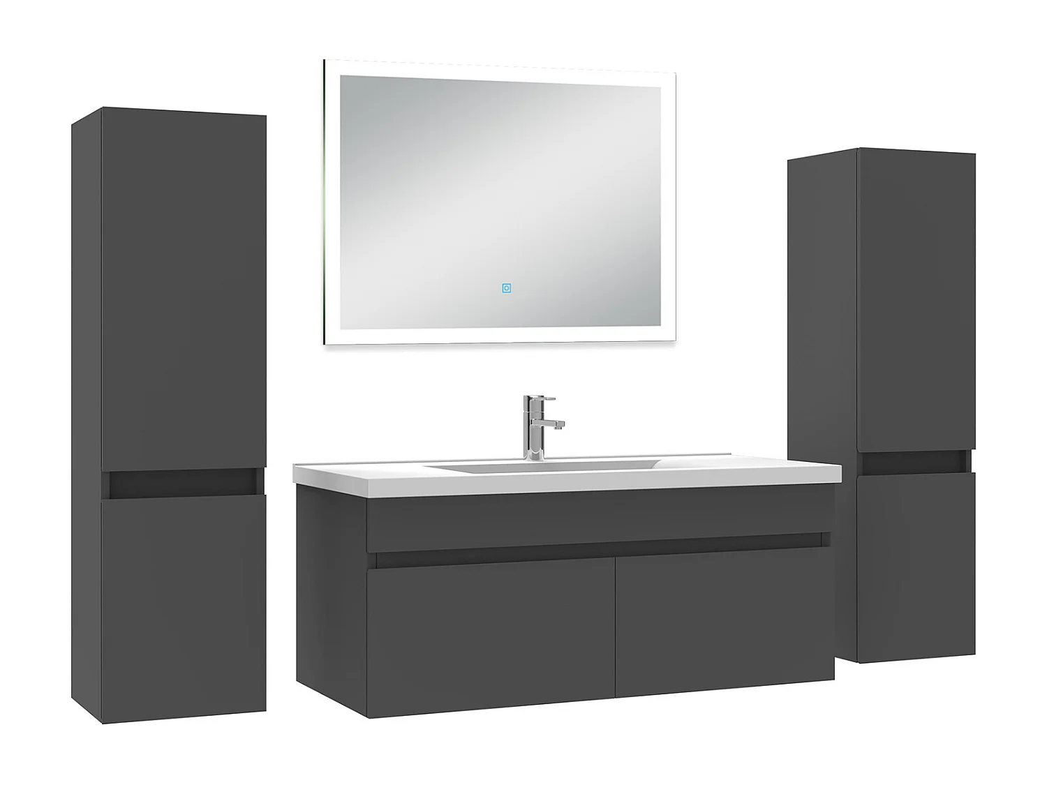 Ensemble meuble Salle de Bain 100cm avec colonne et miroir lumineux dimmable mural anthracite