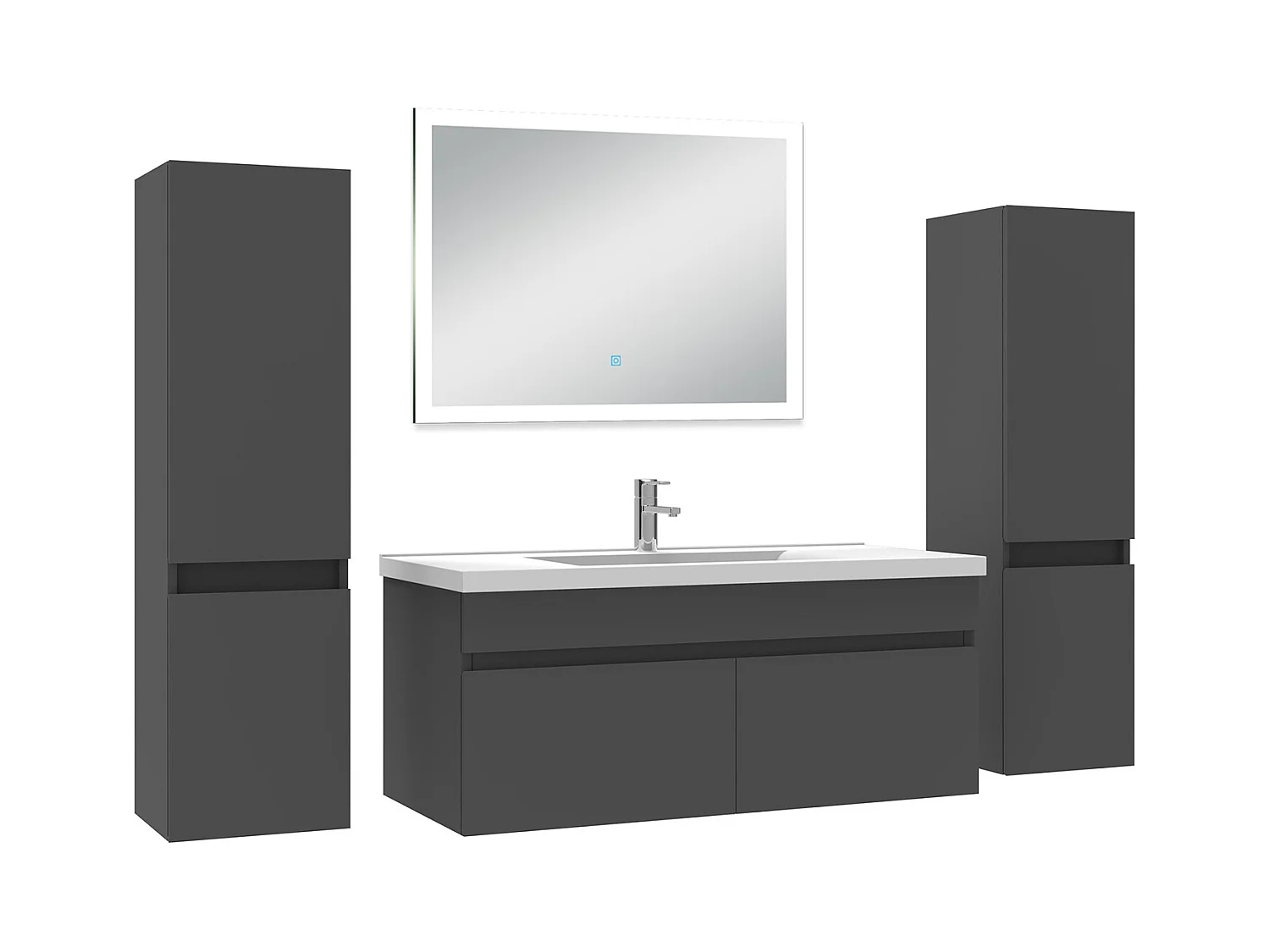 Ensemble meuble Salle de Bain 100cm avec colonne et miroir lumineux dimmable mural anthracite