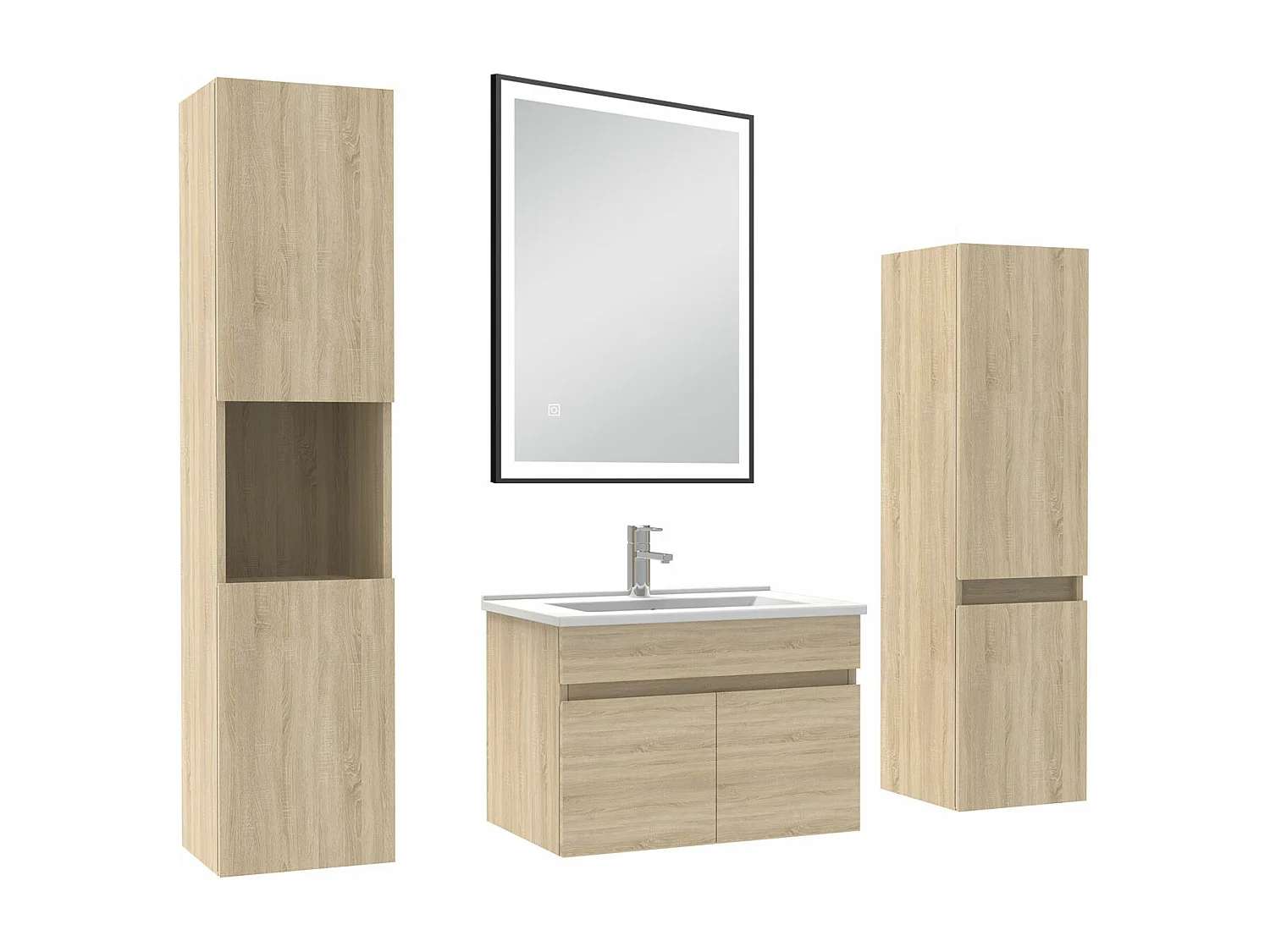 Meuble simple vasque chêne wotan 60cm avec colonne et miroir lumineux 3 couleurs et dimmable