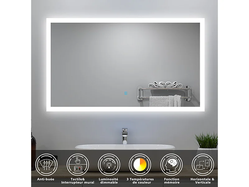 Ensemble meuble Salle de Bain 60cm simple vasque avec colonne + miroir lumineux dimmable blanc