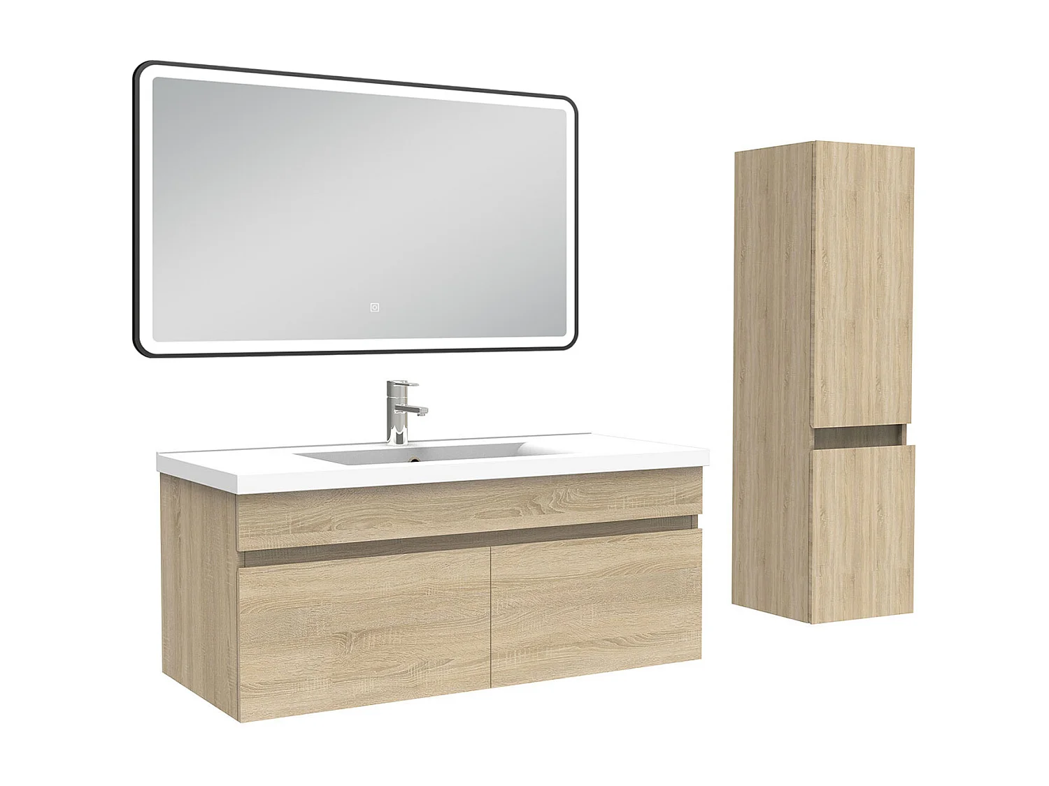 Meuble simple vasque 100cm avec colonne + miroir lumineux chêne wotan