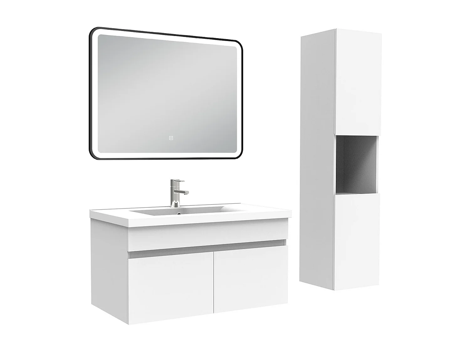 Meuble simple vasque 80cm avec colonne + miroir lumineux 3 couleurs blanc