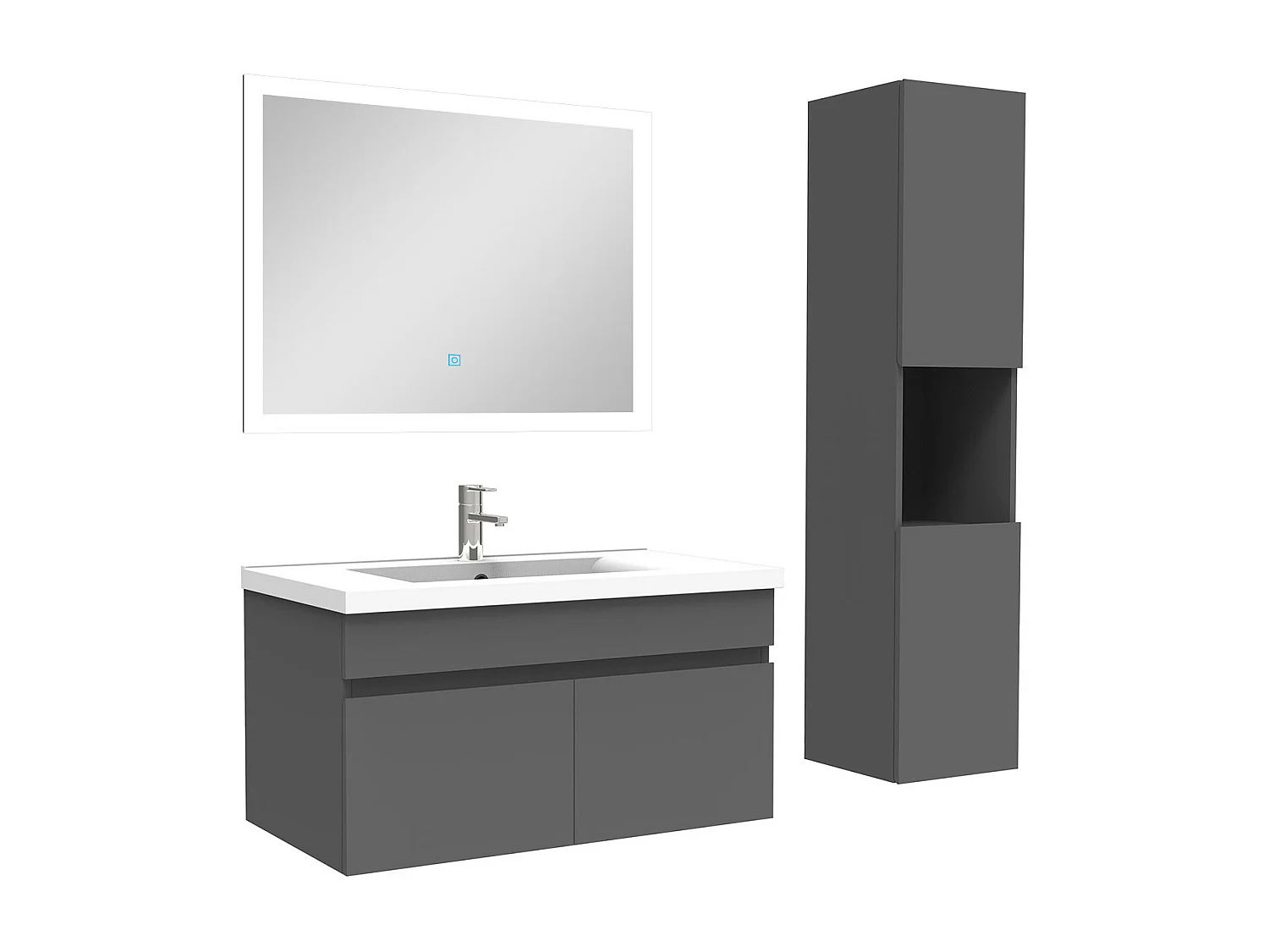 Ensemble meuble Salle de Bain 80cm avec vasque + colonne + miroir lumineux dimmable anthracite