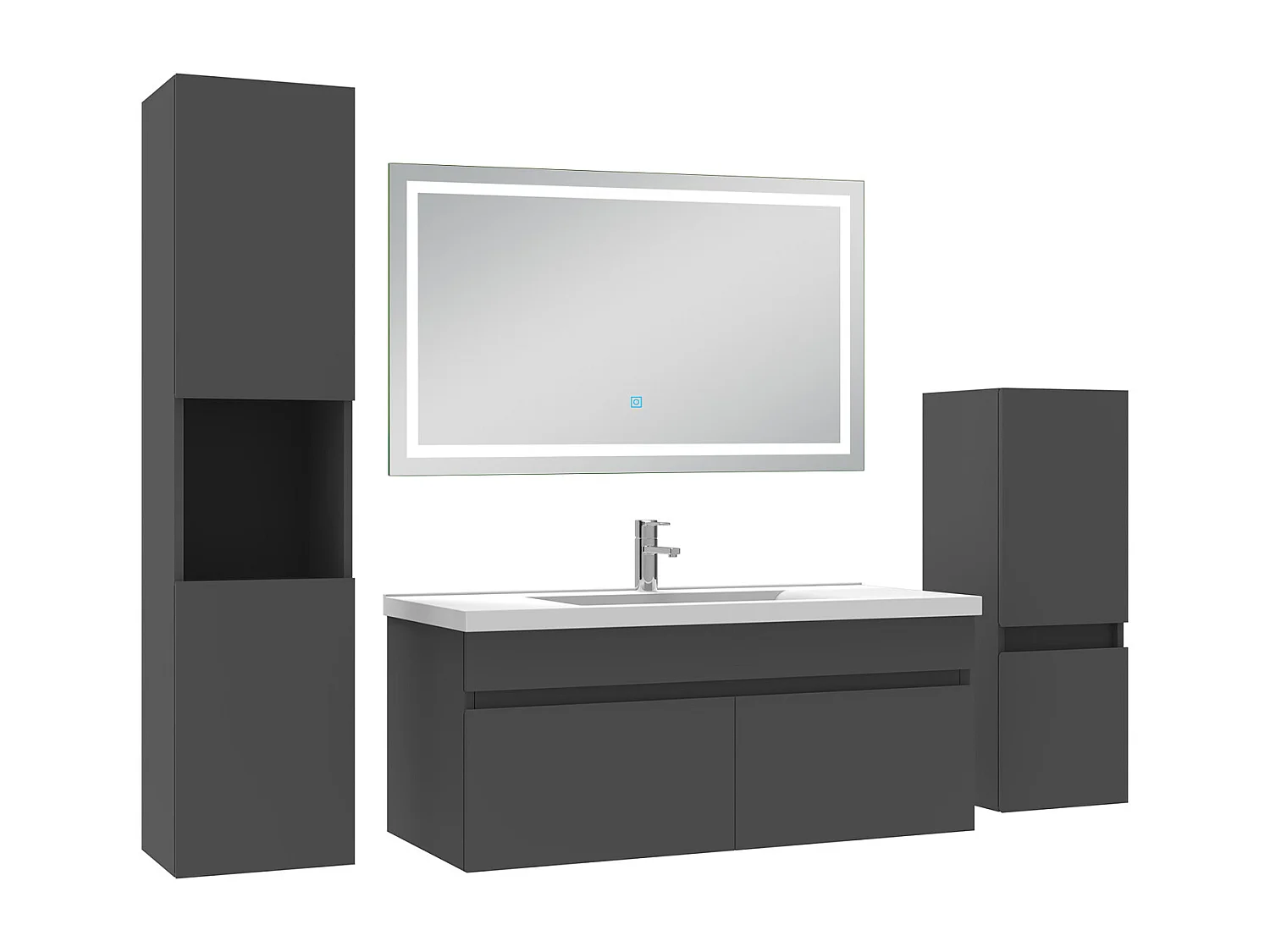 Ensemble meuble salle de Bain 100cm avec colonne + miroir mural lumineux 3 couleurs Anthracite