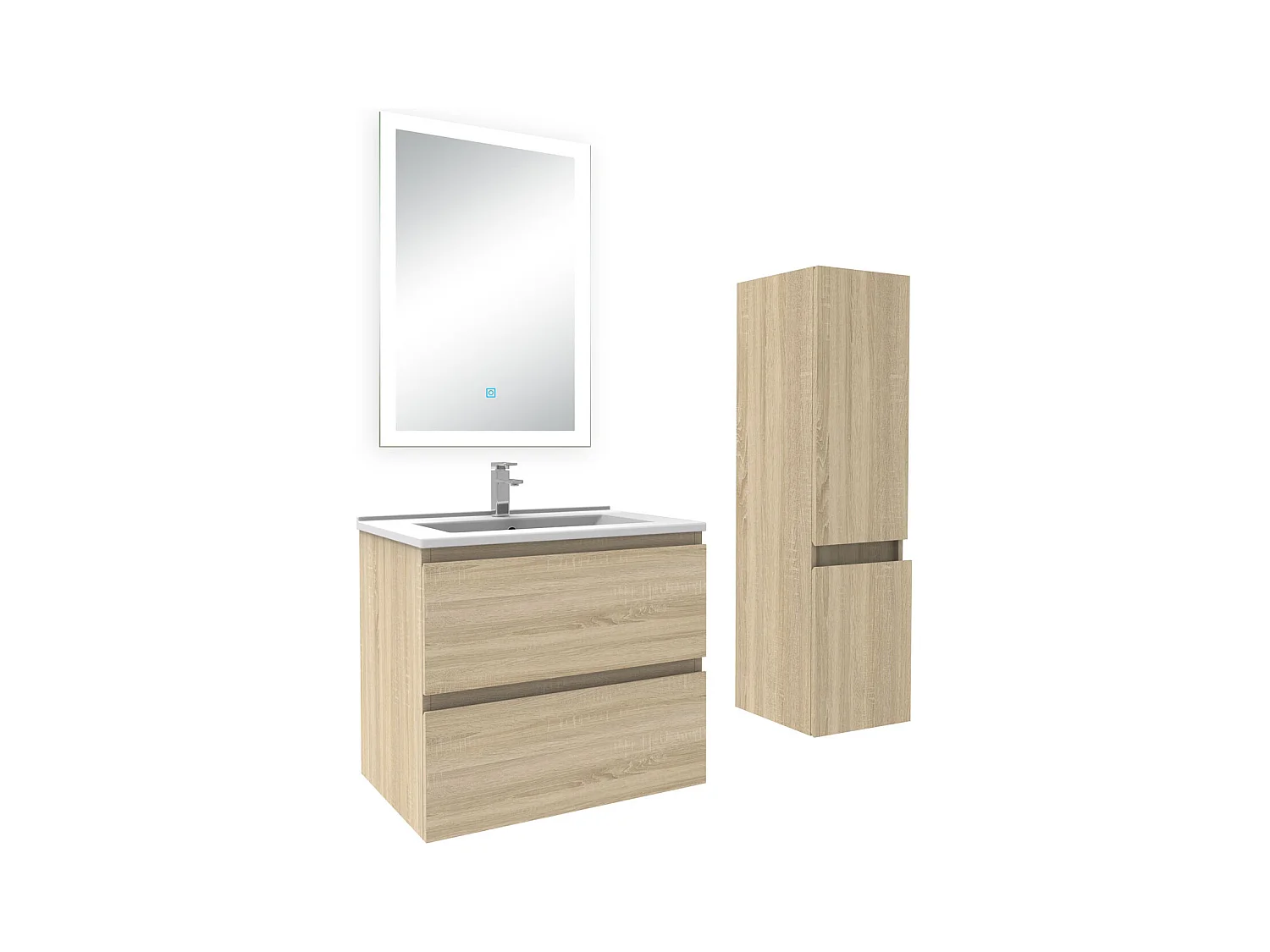 Ensemble meuble Salle de Bain 60cm avec vasque et colonne et miroir lumineux 3 couleurs chêne wotan