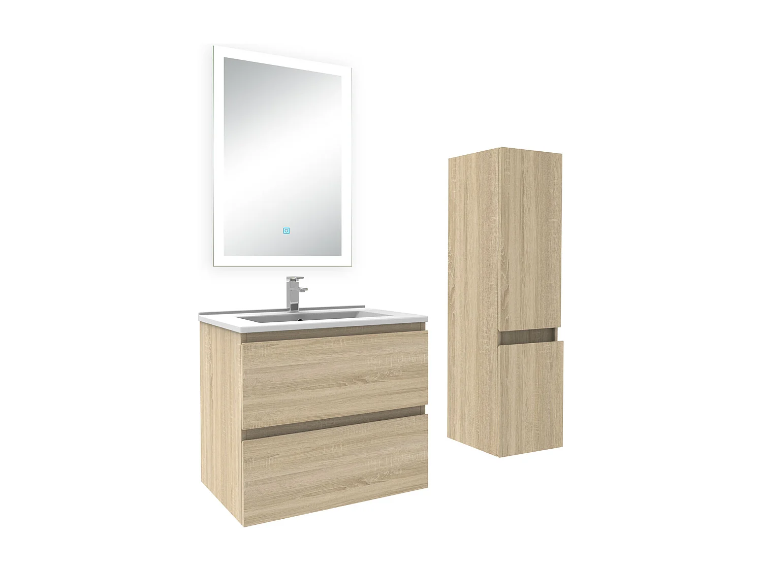 Ensemble meuble Salle de Bain 60cm avec vasque et colonne et miroir lumineux 3 couleurs chêne wotan