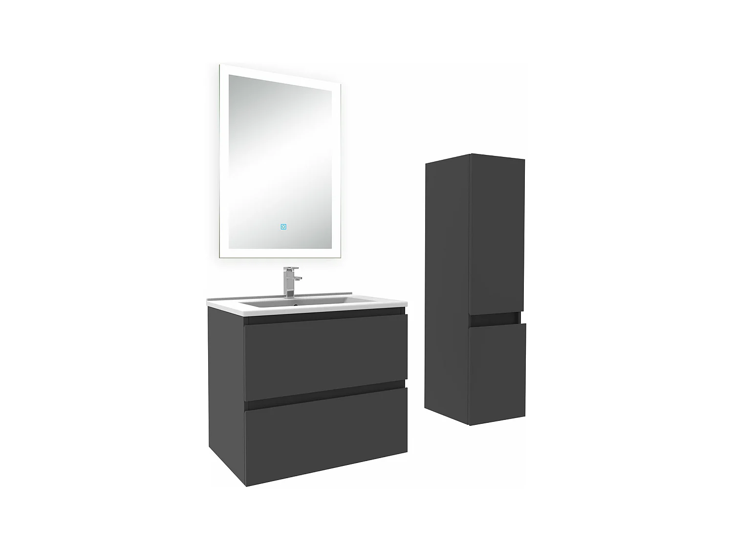 Ensemble meuble Salle de Bain 60cm avec vasque et colonne et miroir lumineux 3 couleurs anthracite