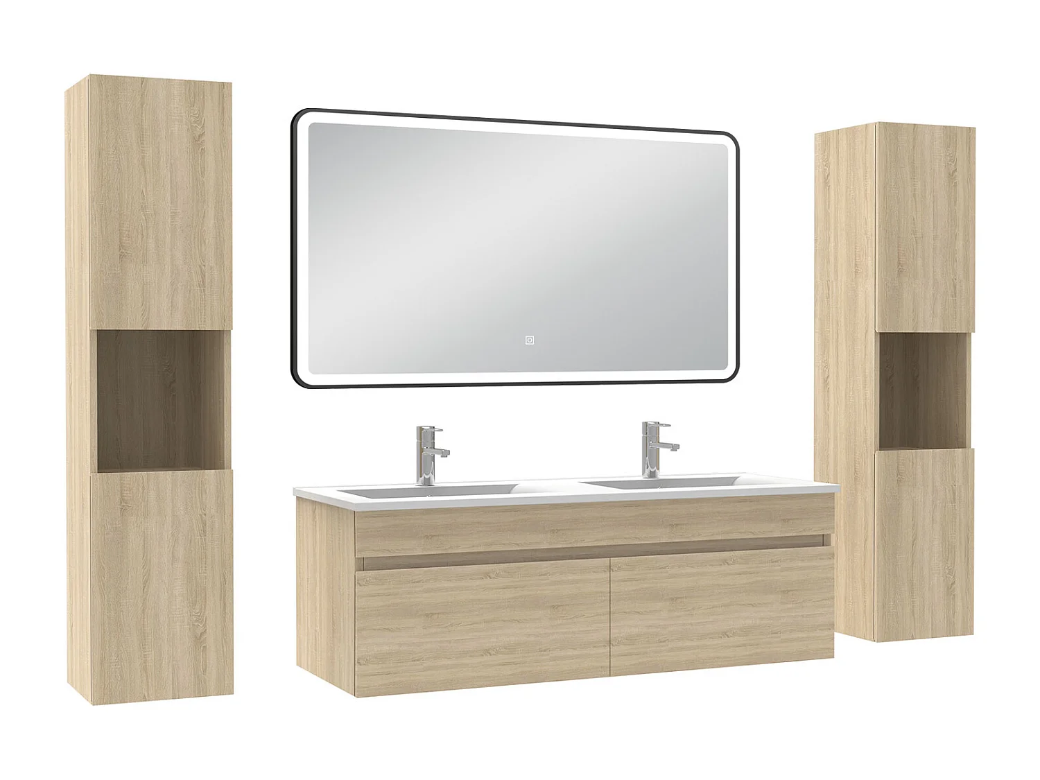 Meuble double vasque 120cm avec colonne + miroir 3 couleurs + dimmable chêne wotan