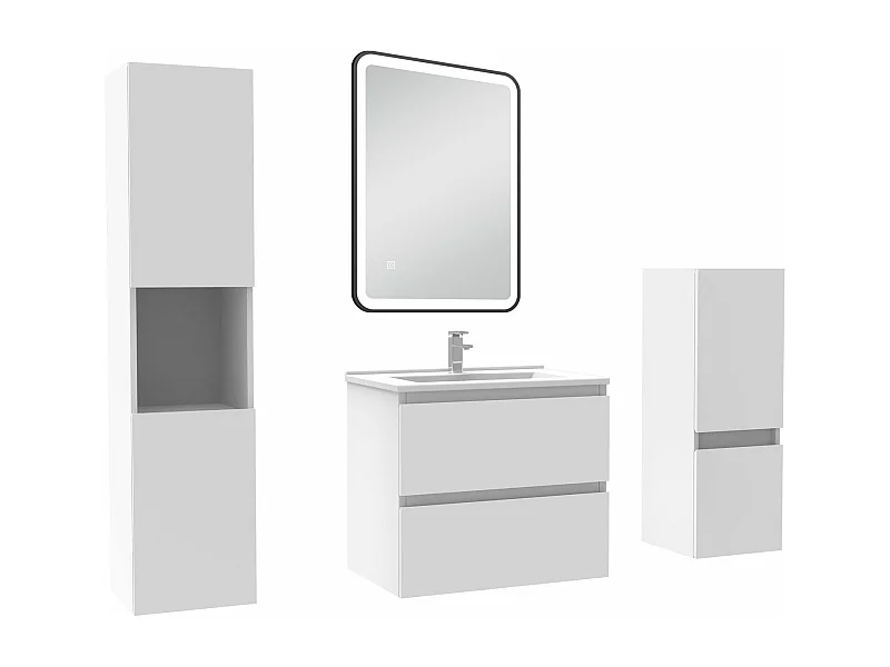 Meuble salle de Bain 60cm avec colonne + miroir mural lumineux 3 couleurs blanc