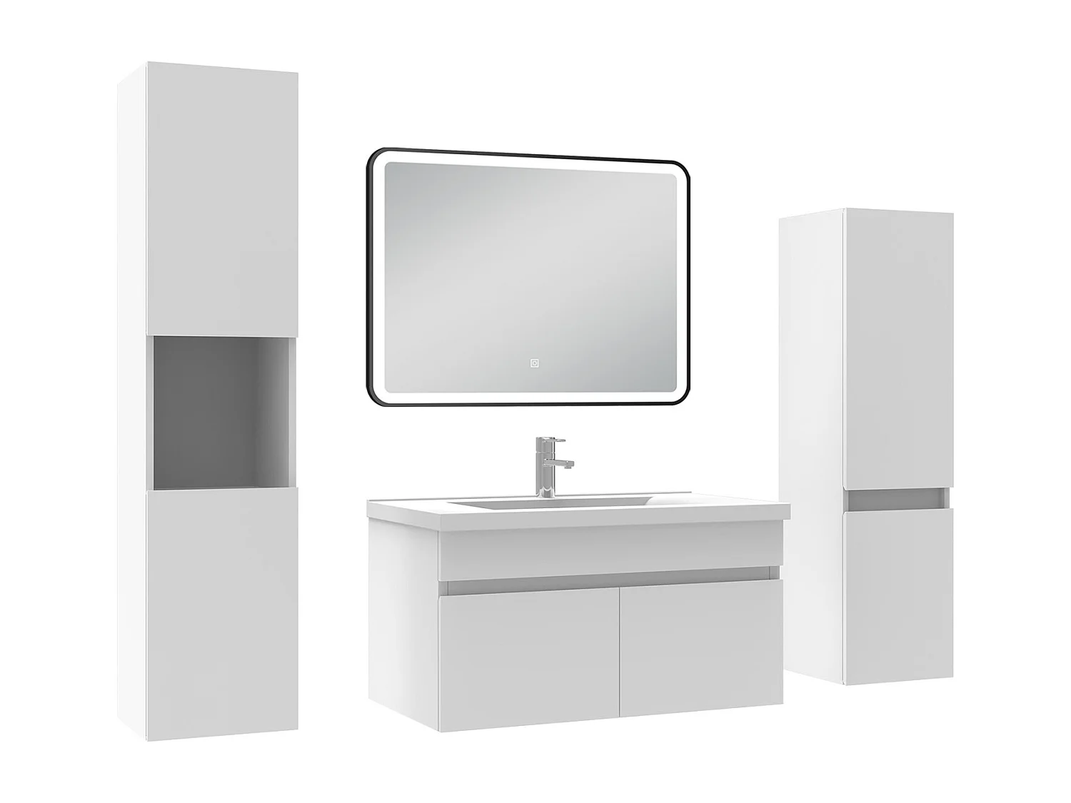 Meuble simple vasque blanc 80cm avec colonne + miroir lumineux 3 couleurs + dimmable