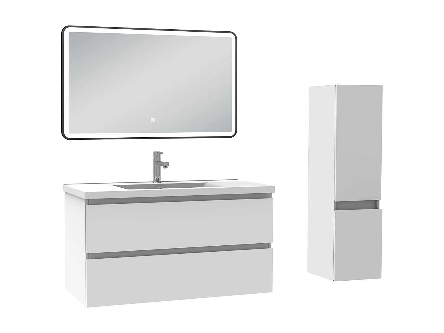Meuble salle de Bain 100cm simple vasque avec colonne + miroir 3 couleurs blanc