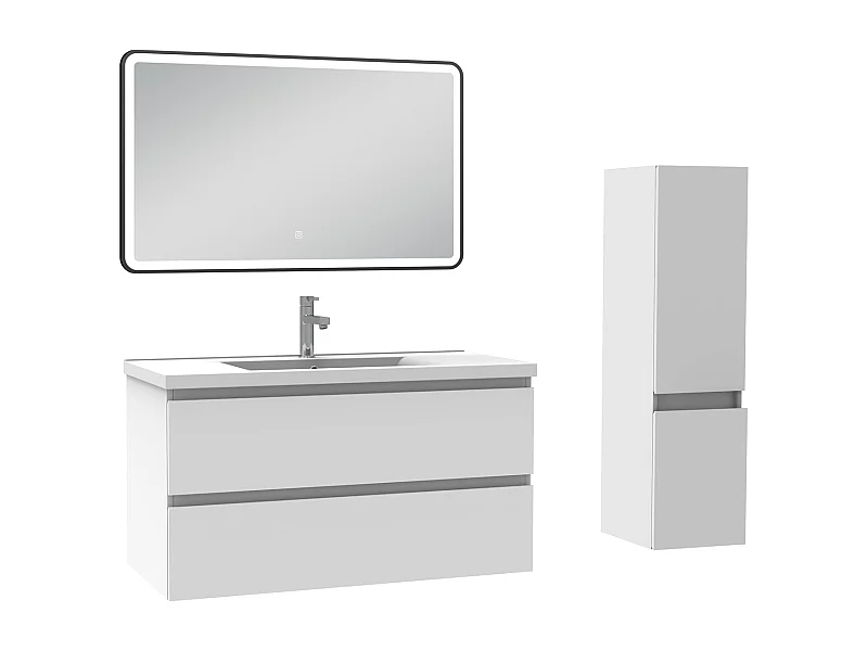Meuble salle de Bain 100cm simple vasque avec colonne + miroir 3 couleurs blanc