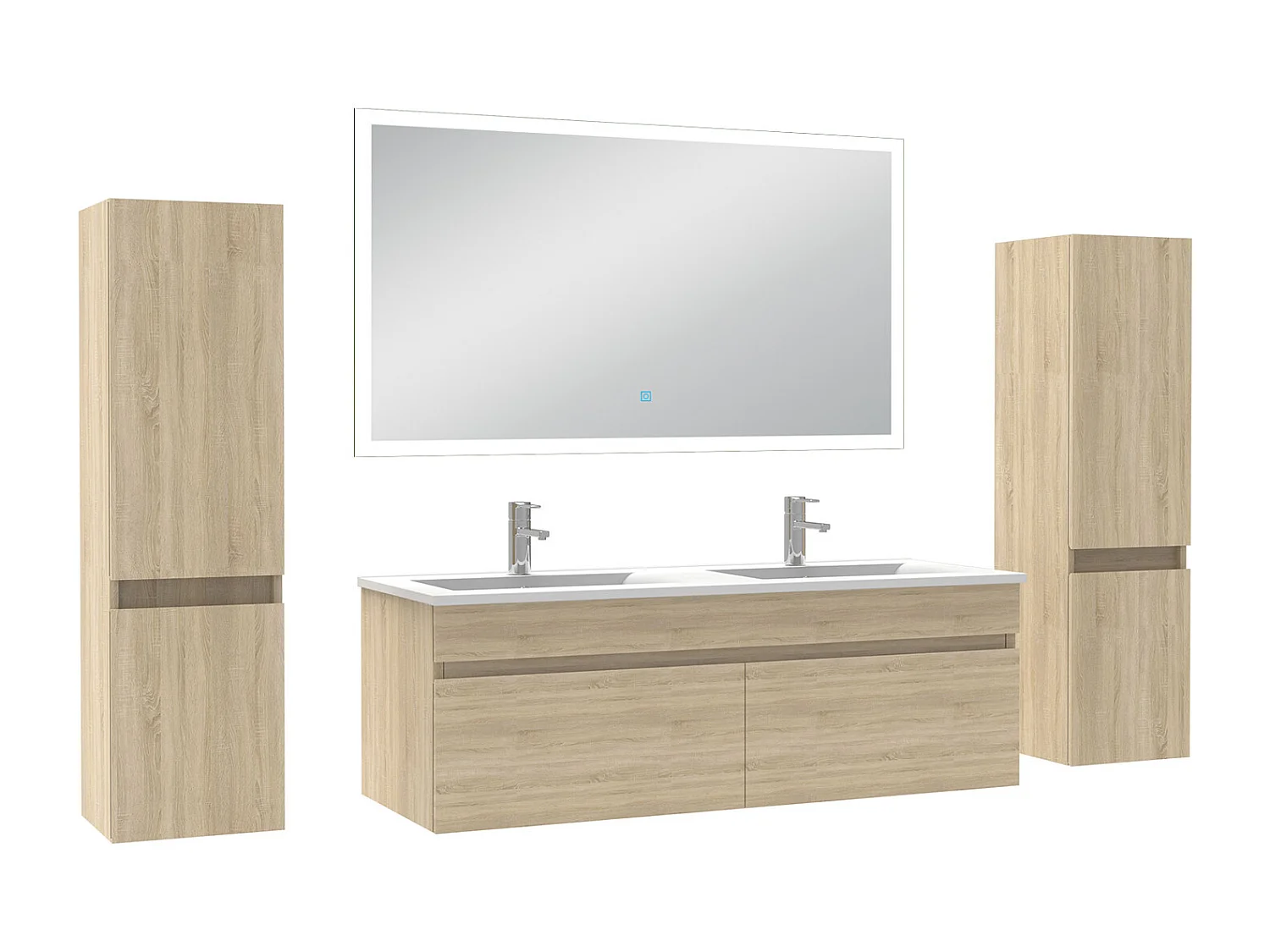 Ensemble meuble Salle de Bain 120cm avec colonne et miroir lumineux dimmable mural chêne wotan