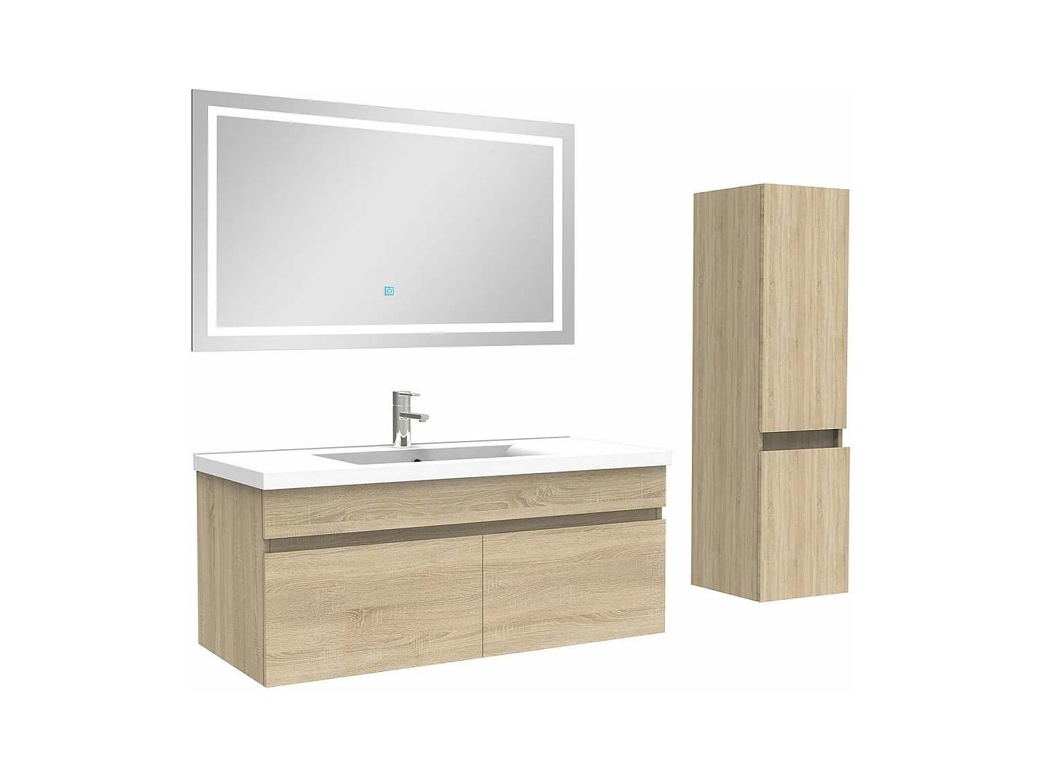 Ensemble meuble salle de Bain 100cm simple vasque avec colonne + miroir 3 couleurs Chêne Wotan