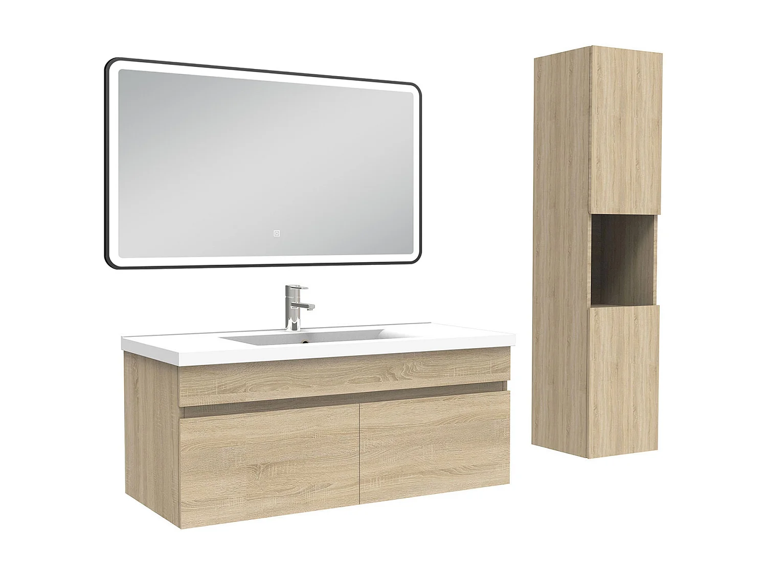 Meuble simple vasque 100cm avec colonne + miroir lumineux 3 couleurs chêne wotan