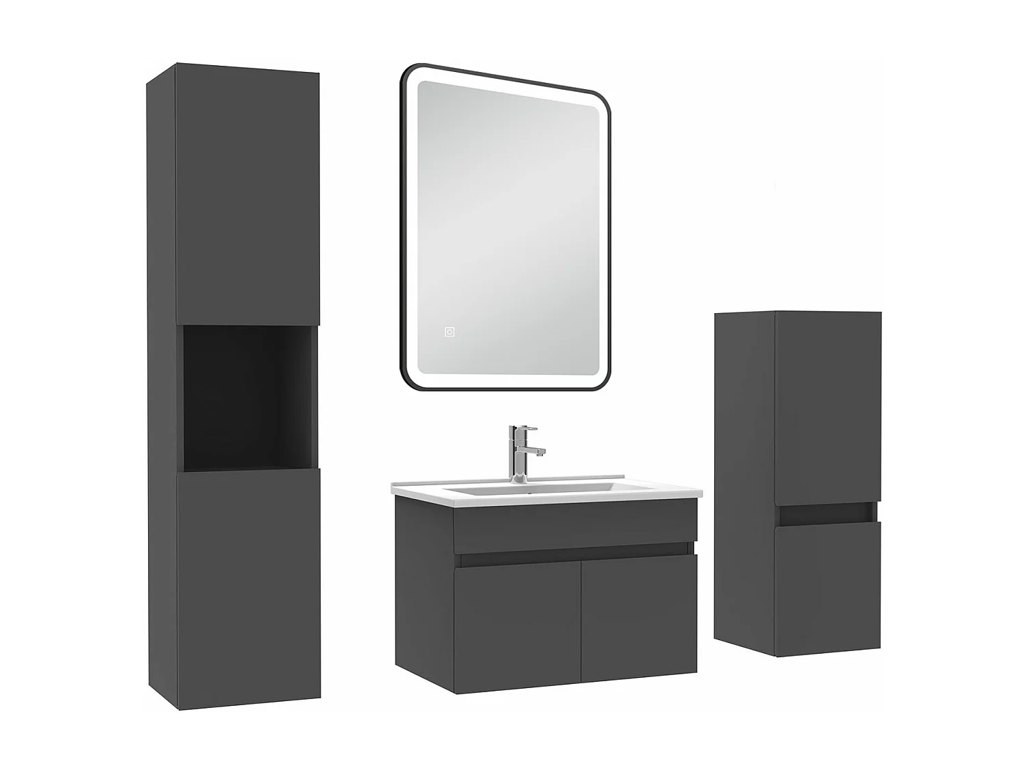 Meuble simple vasque 60cm avec colonne + miroir lumineux 3 couleurs + dimmable anthracite