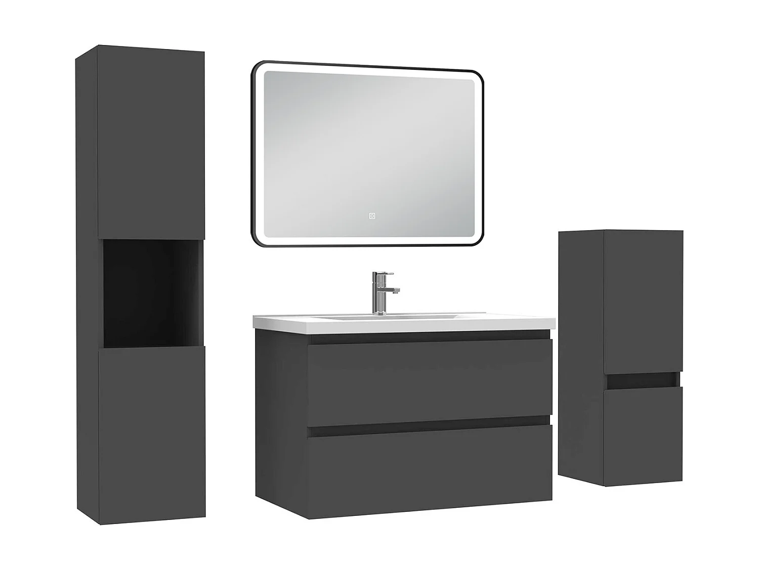 Meuble salle de Bain 80cm avec colonne + miroir mural lumineux 3 couleurs Anthracite