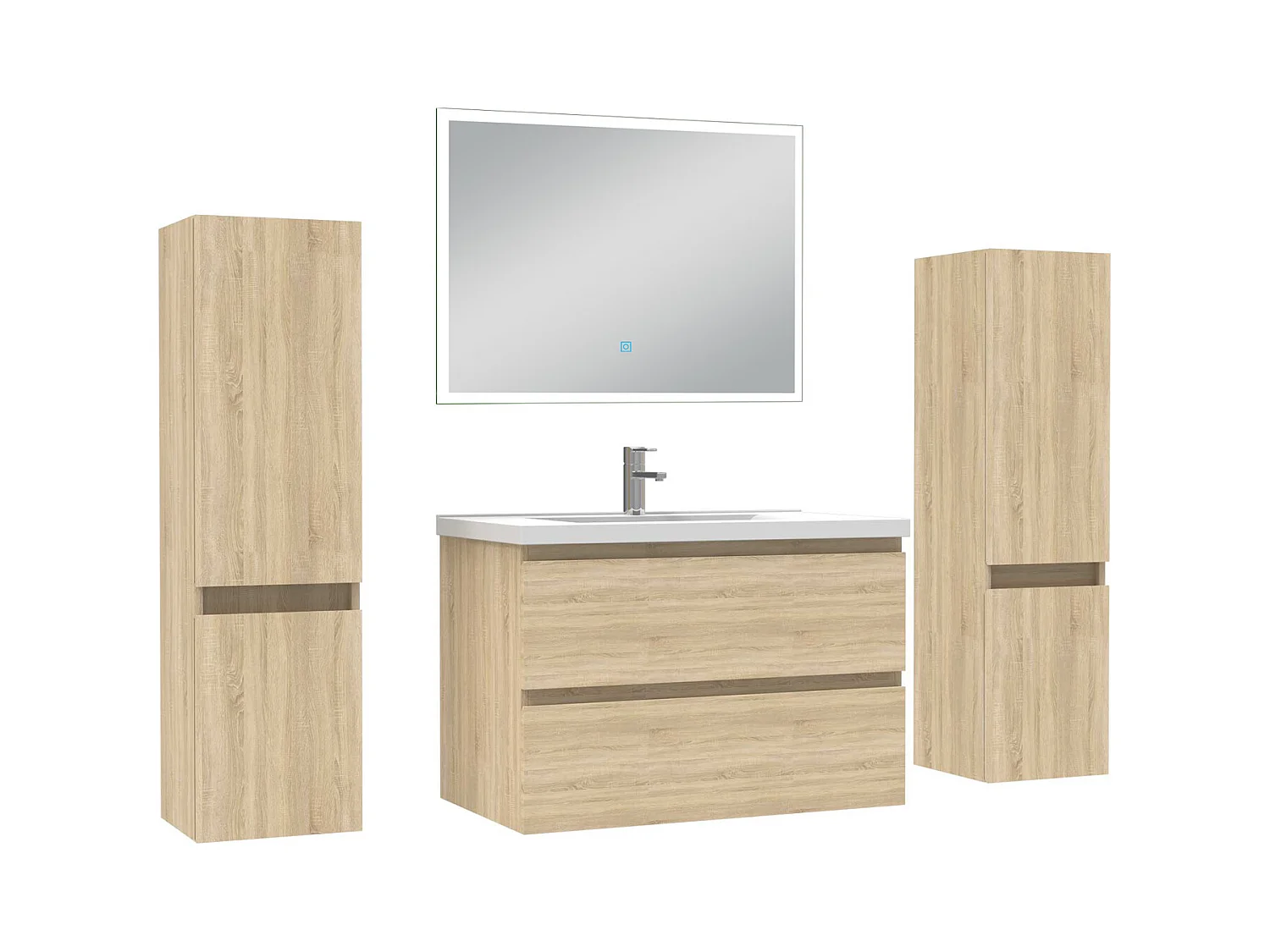 Ensemble meuble Salle de Bain 80cm avec colonne et miroir lumineux dimmable chêne wotan