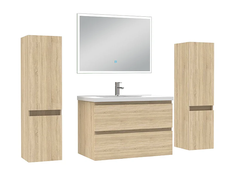 Ensemble meuble Salle de Bain 80cm avec colonne et miroir lumineux dimmable chêne wotan