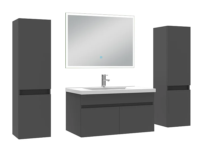Ensemble meuble Salle de Bain 80cm avec colonne et miroir lumineux dimmable mural anthracite