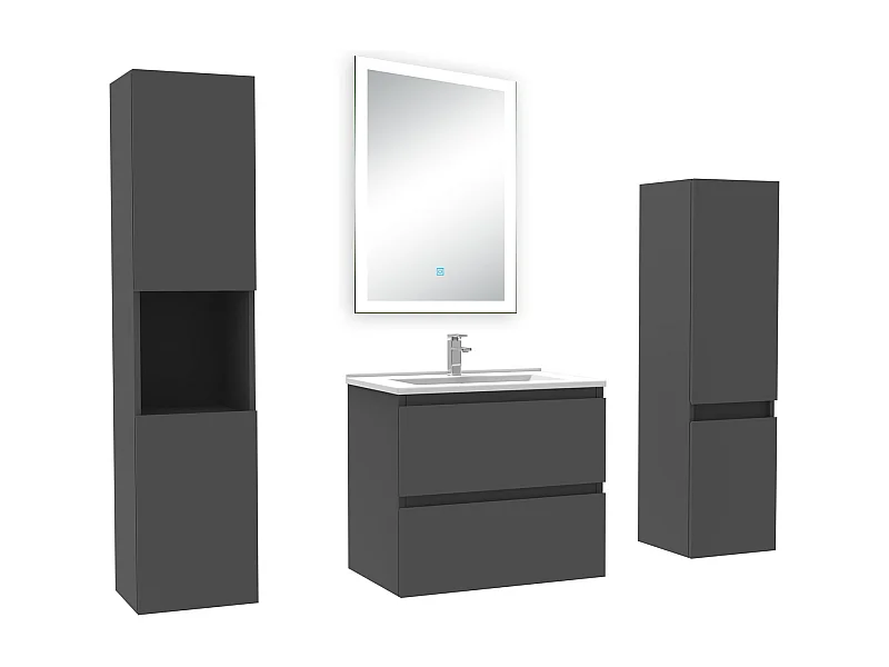 Ensemble meuble Salle de Bain 60cm simple vasque avec colonne et miroir lumineux dimmable anthracite