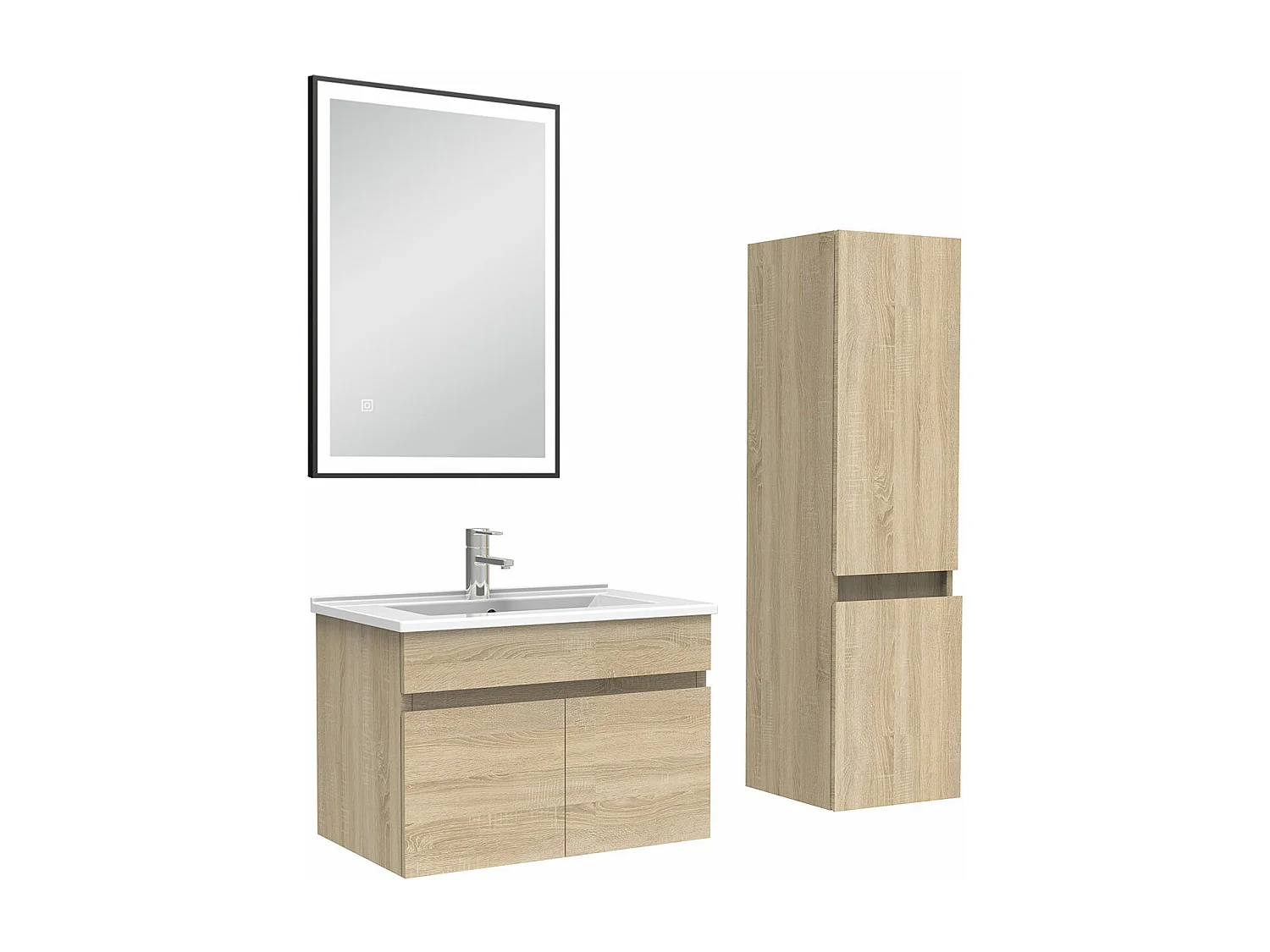 Meuble simple vasque 60cm avec colonne et miroir lumineux chêne wotan