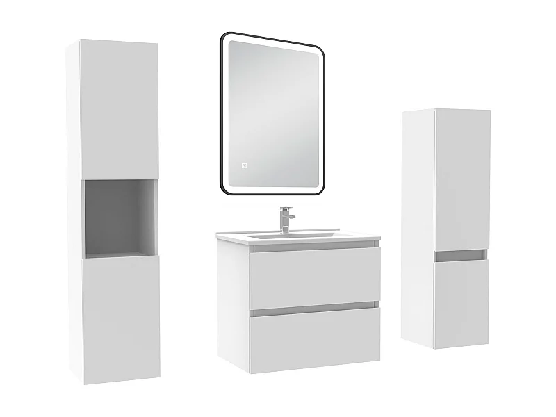 Meuble Salle de Bain 60cm avec colonne + miroir lumineux 3 couleurs blanc