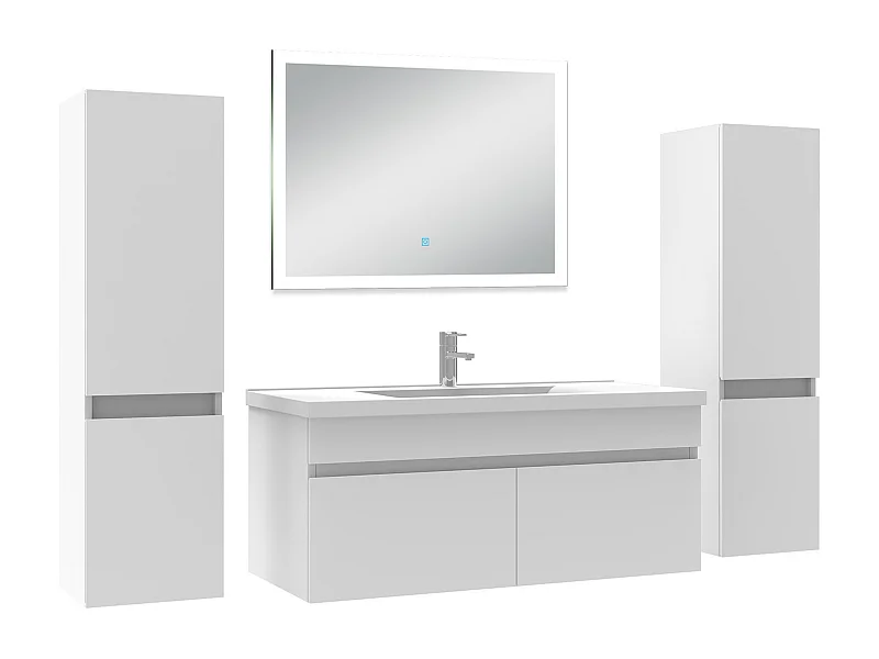 Ensemble meuble Salle de Bain 100cm avec colonne et miroir lumineux dimmable mural blanc