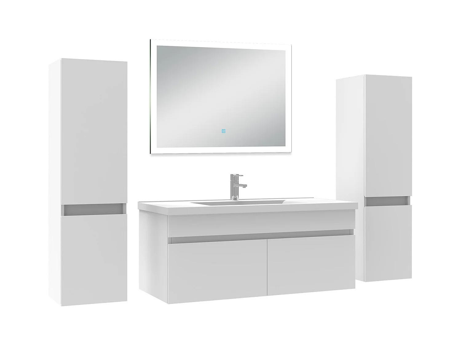 Ensemble meuble Salle de Bain 100cm avec colonne et miroir lumineux dimmable mural blanc