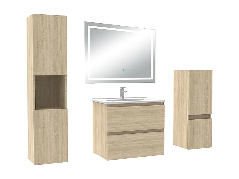 Ensemble meuble salle de Bain 60cm avec colonne et miroir mural lumineux 3 couleurs Chêne Wotan