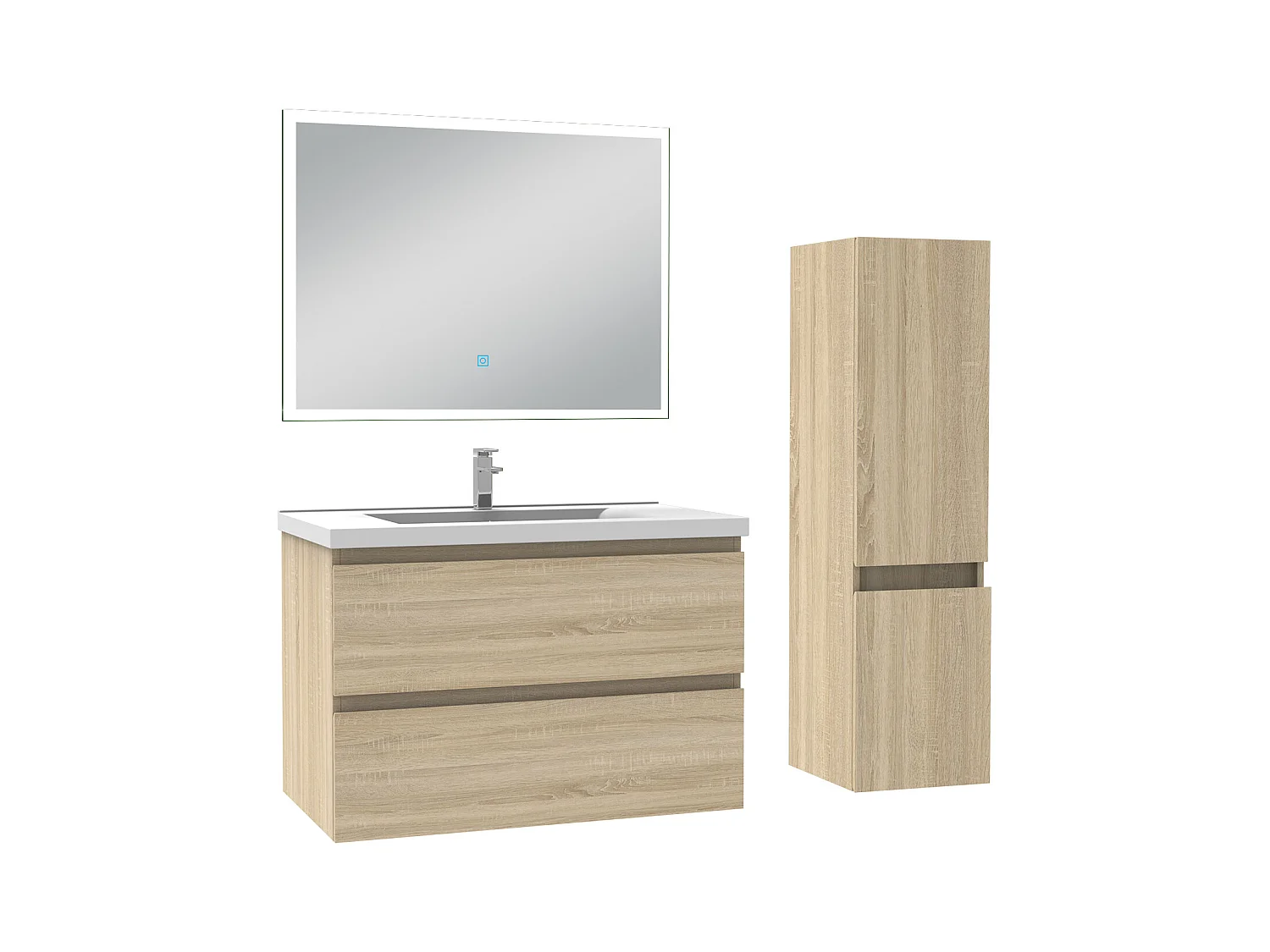 Ensemble meuble Salle de Bain 80cm avec vasque et colonne et miroir lumineux 3 couleurs chêne wotan
