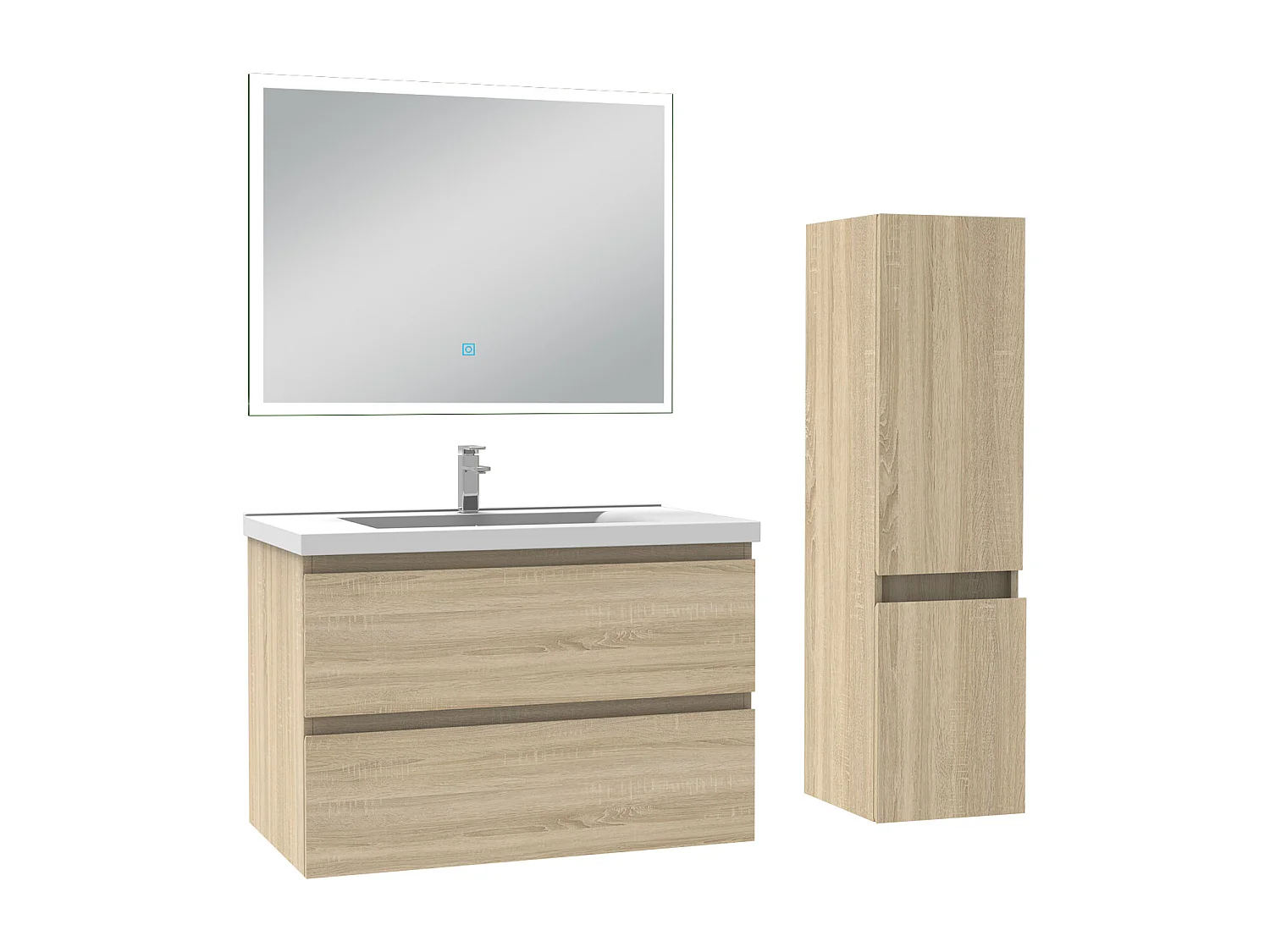 Ensemble meuble Salle de Bain 80cm avec vasque et colonne et miroir lumineux 3 couleurs chêne wotan