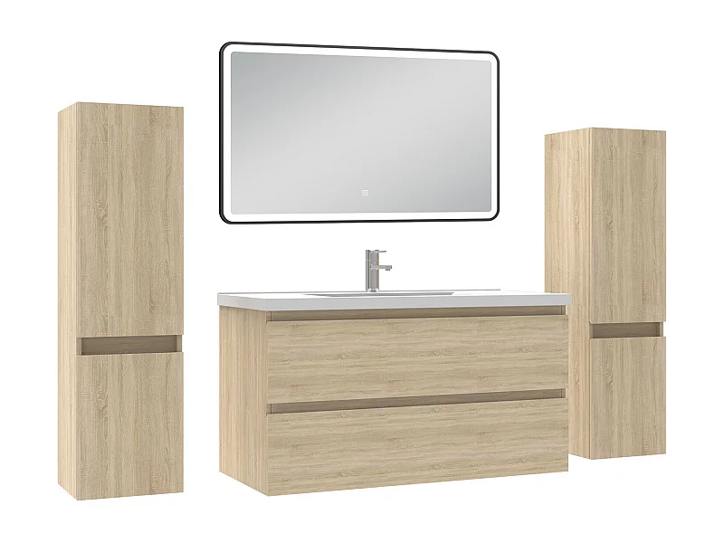 Meubles Salle de Bain 100cm avec colonne + miroir lumineux 3 couleurs Chêne Wotan