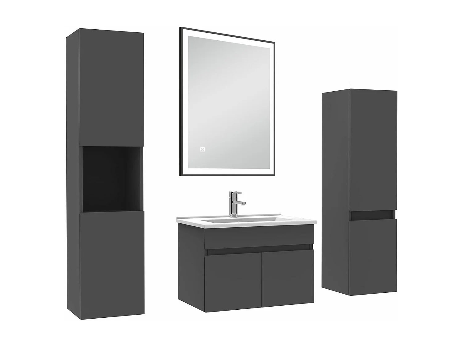 Meuble simple vasque anthracite 60cm avec colonne et miroir lumineux 3 couleurs et dimmable
