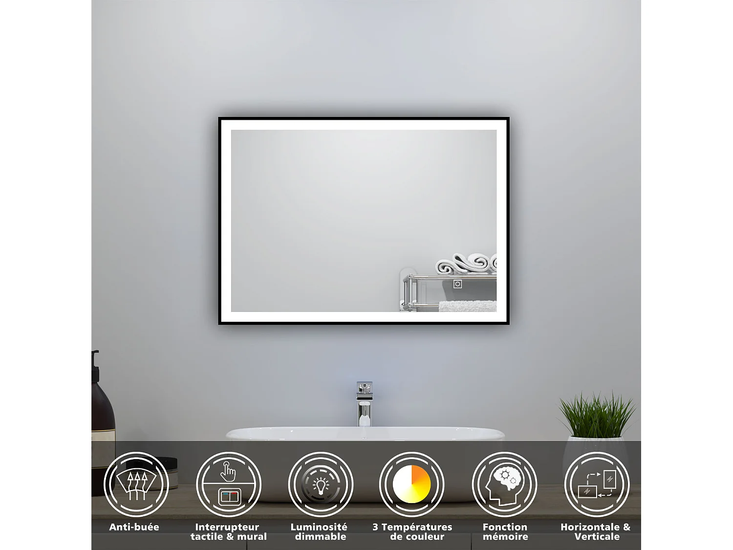 Meuble simple vasque anthracite 60cm avec colonne et miroir lumineux 3 couleurs et dimmable