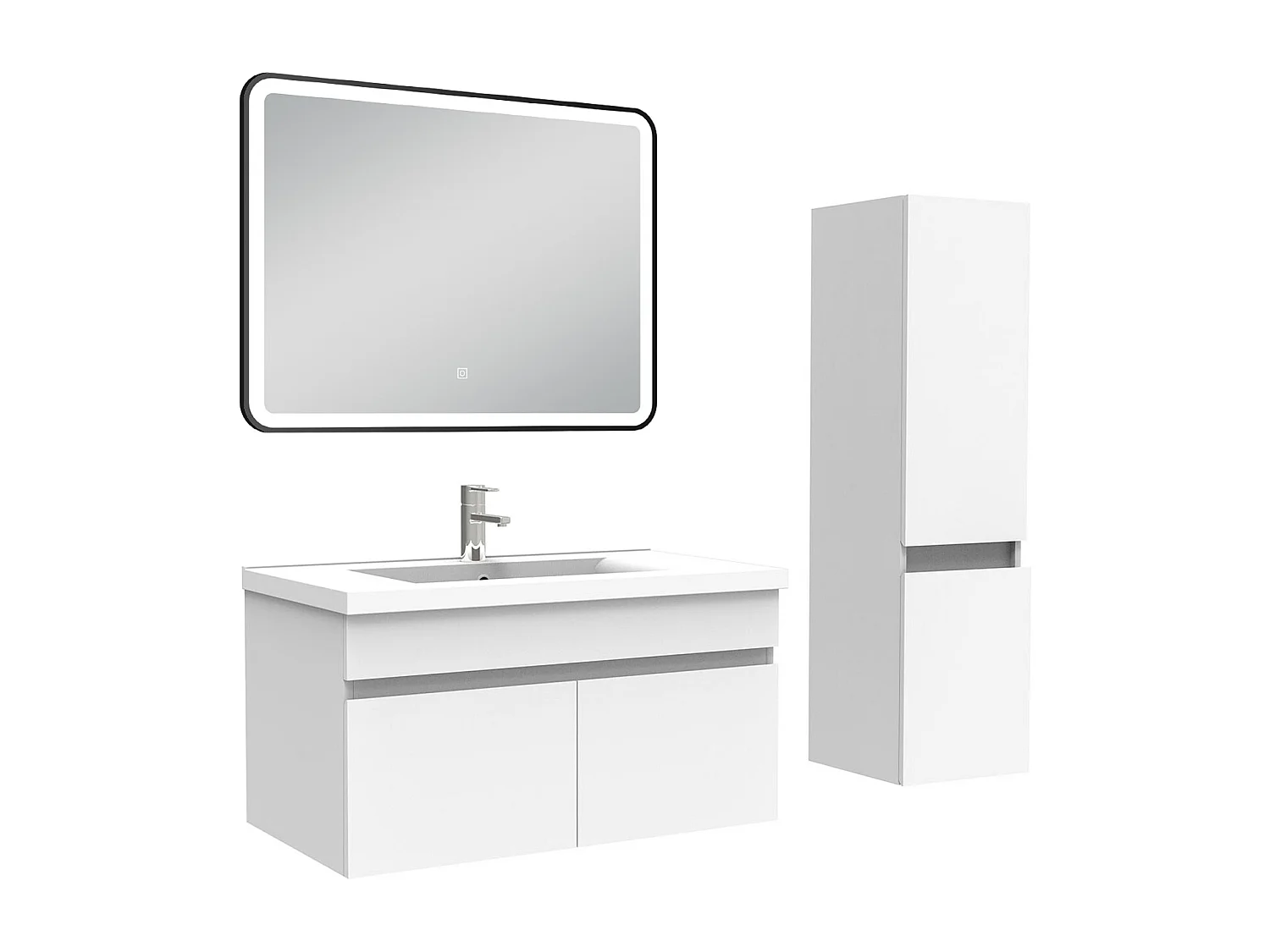Meuble simple vasque 80cm avec colonne + miroir lumineux blanc