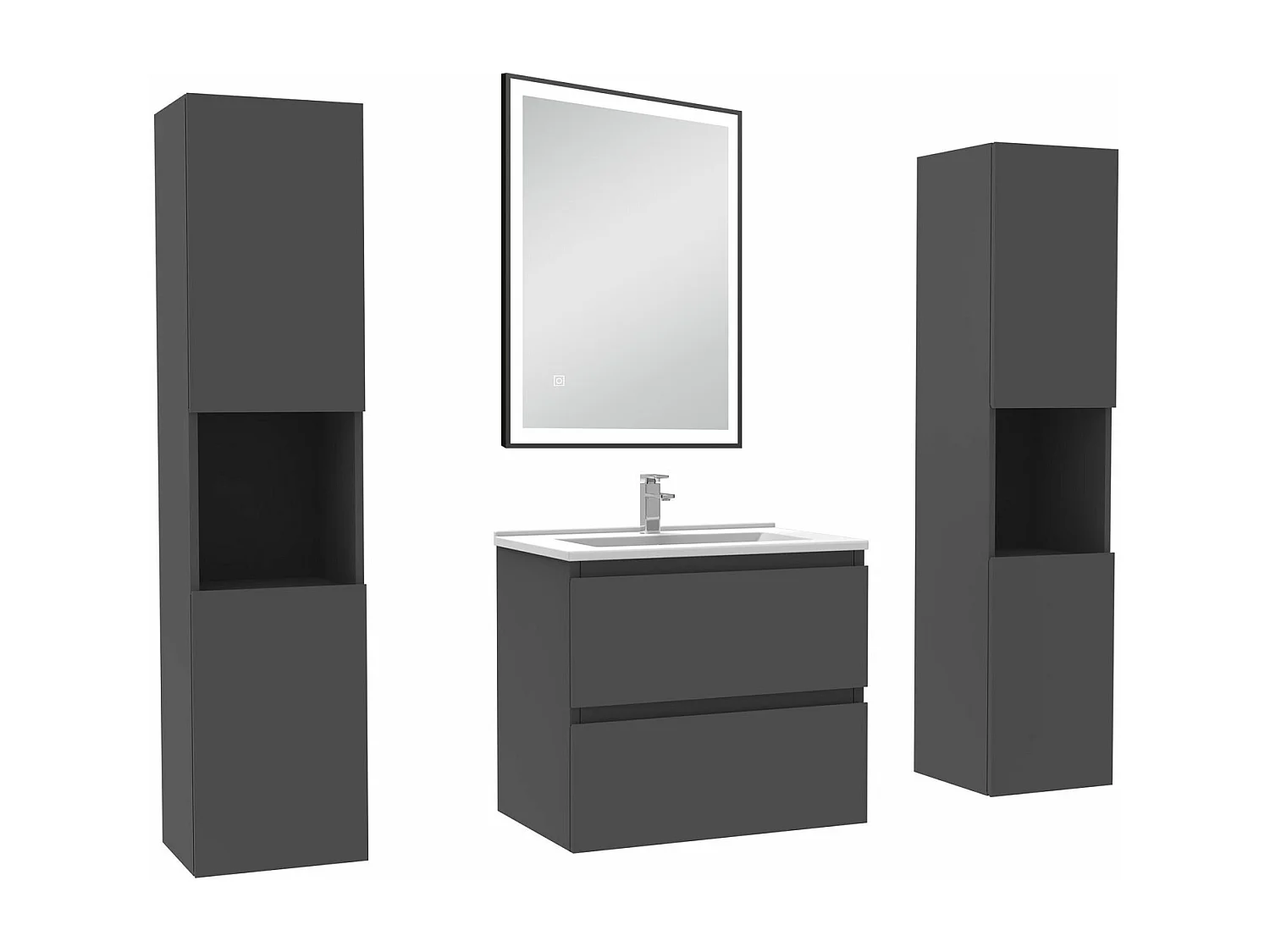 Meubles Salle de Bain 60cm avec colonne et miroir lumineux 3 couleurs et dimmable Anthracite