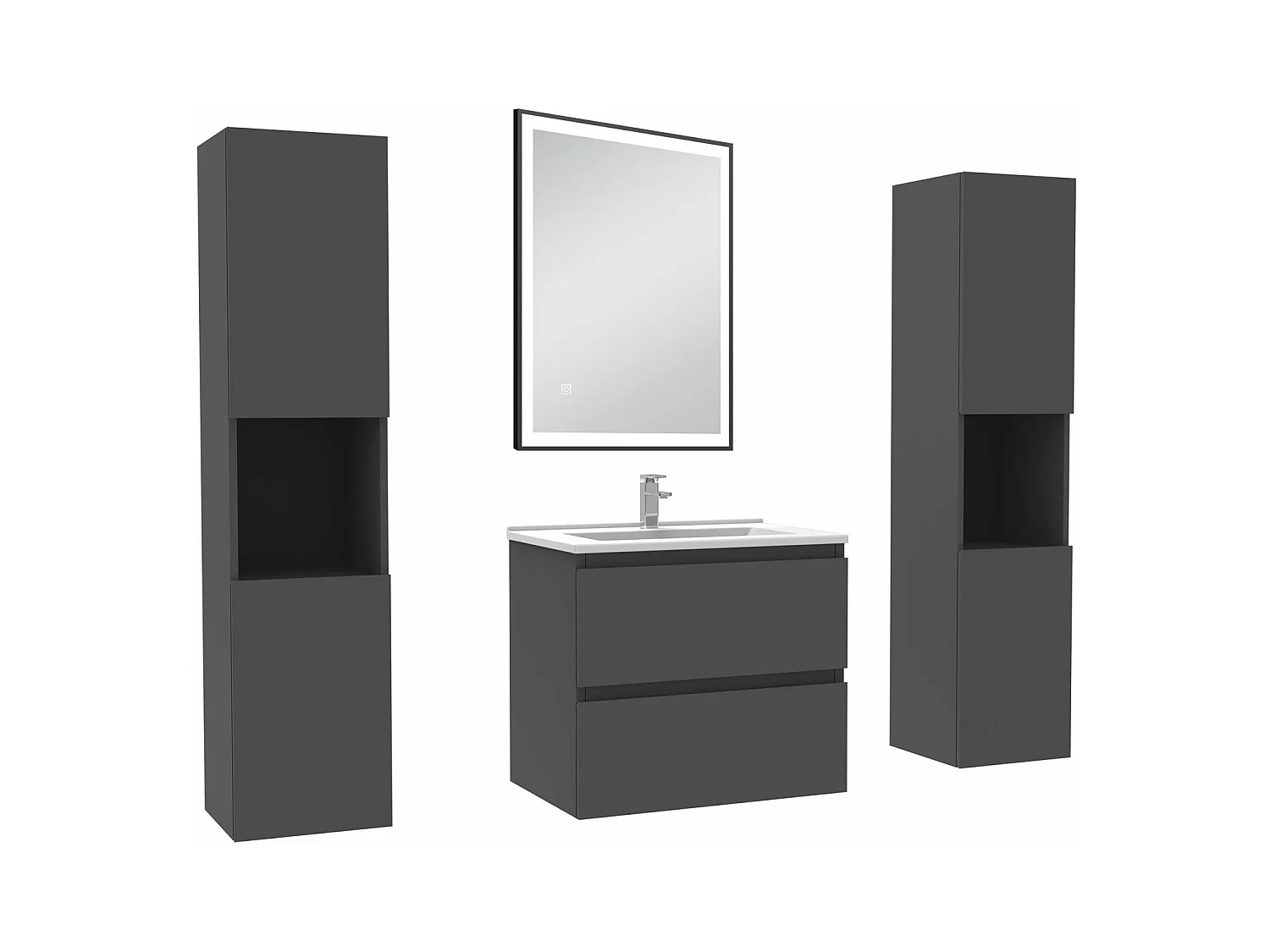 Meubles Salle de Bain 60cm avec colonne et miroir lumineux 3 couleurs et dimmable Anthracite