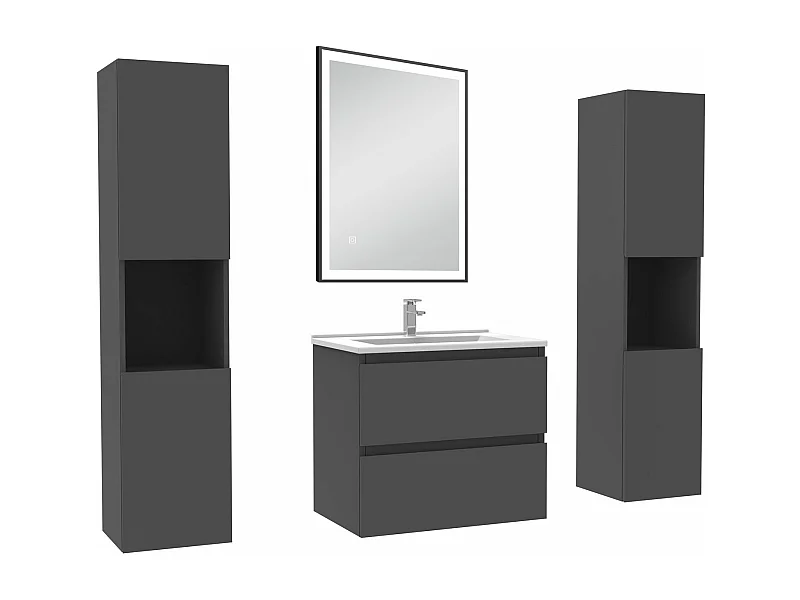 Meubles Salle de Bain 60cm avec colonne et miroir lumineux 3 couleurs et dimmable Anthracite