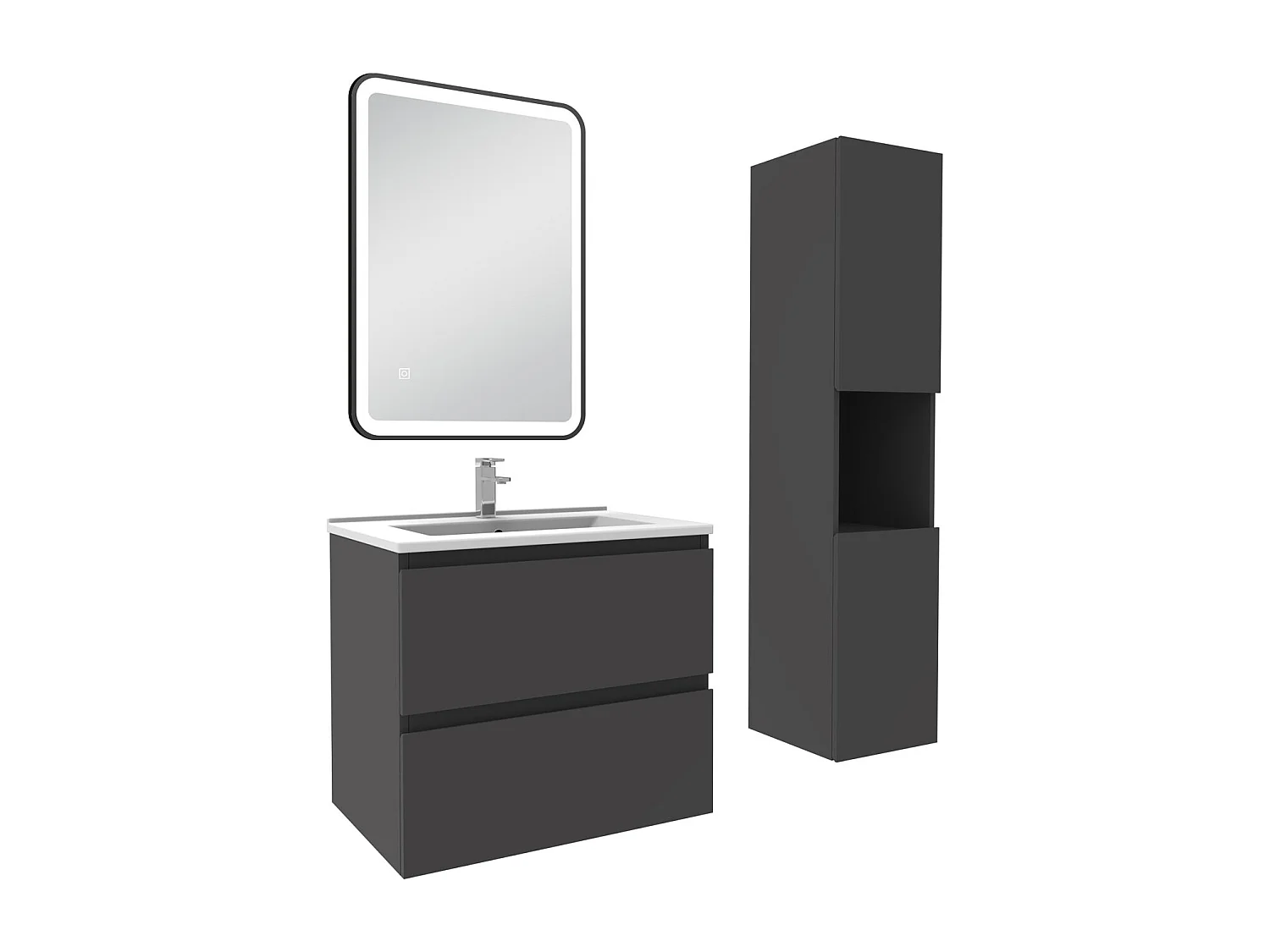 Meuble salle de Bain 60cm avec colonne + miroir 3 couleurs Anthracite