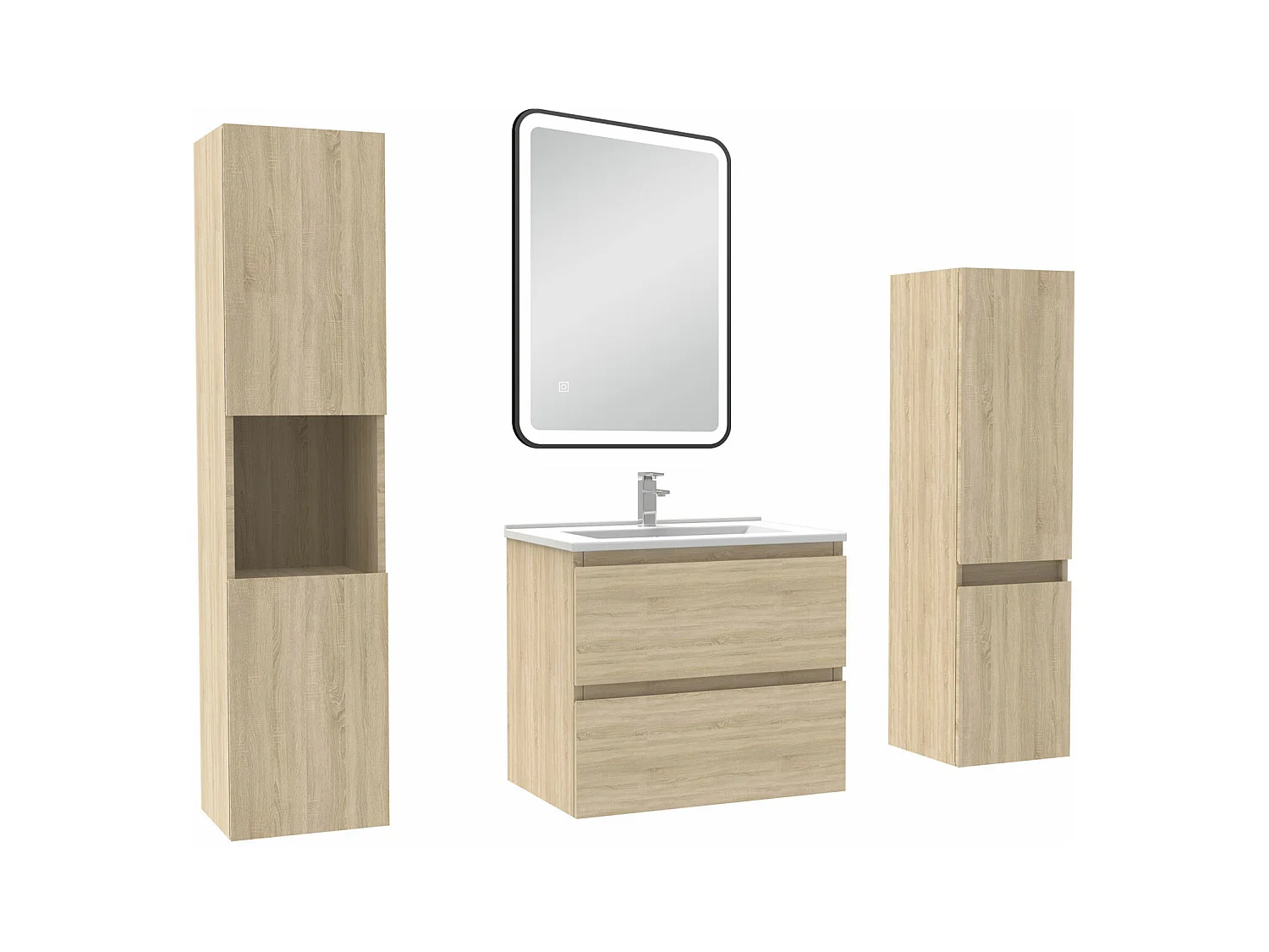Meuble Salle de Bain 60cm avec colonne + miroir lumineux 3 couleurs Chêne Wotan