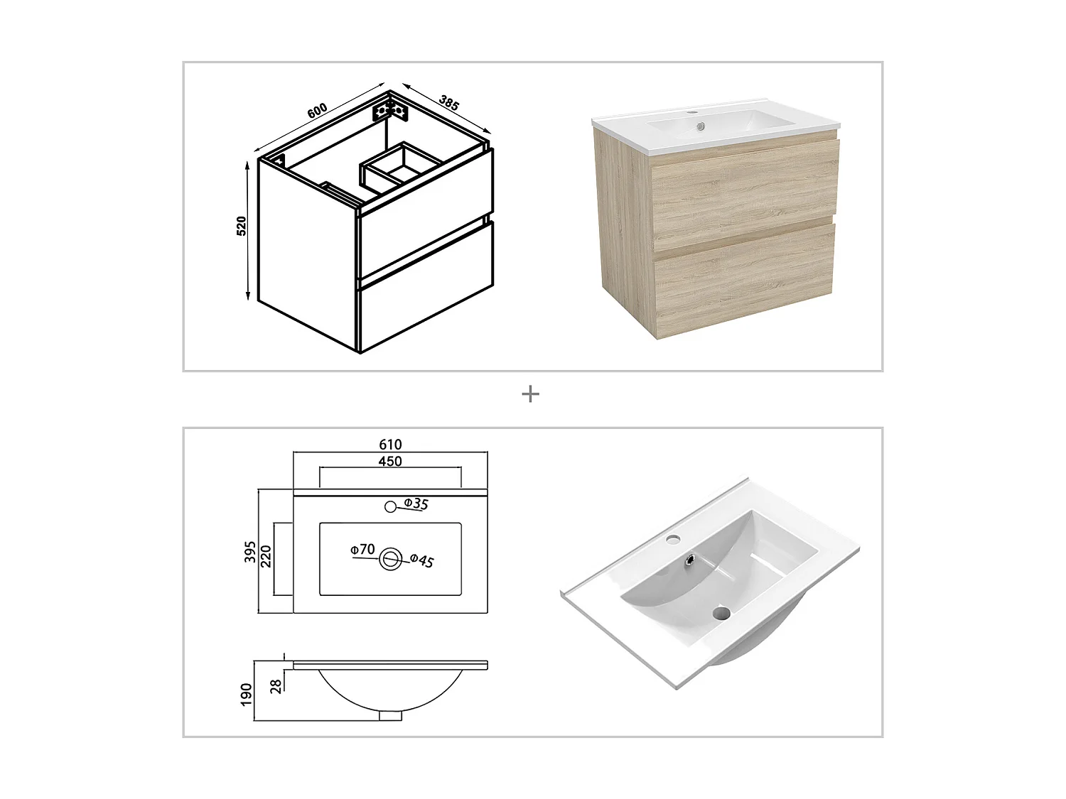 Meuble Salle de Bain 60cm avec colonne + miroir lumineux 3 couleurs Chêne Wotan