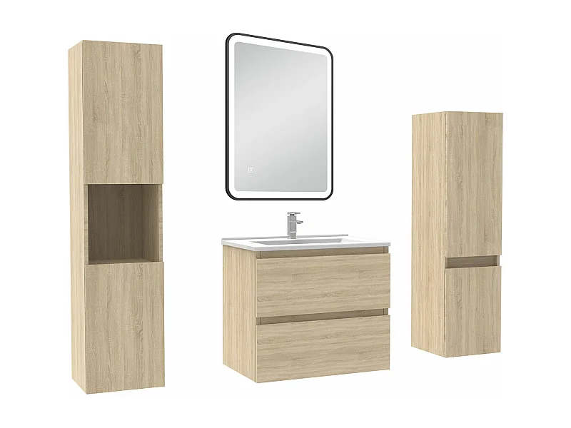 Meuble Salle de Bain 60cm avec colonne + miroir lumineux 3 couleurs Chêne Wotan