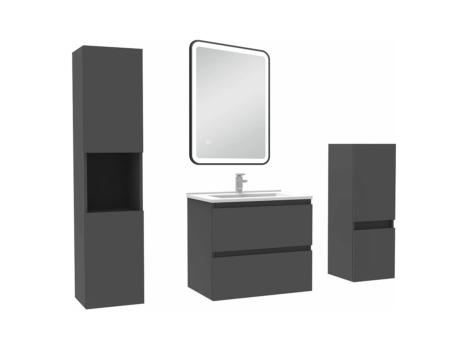 Meuble salle de Bain 60cm avec colonne + miroir mural lumineux 3 couleurs Anthracite