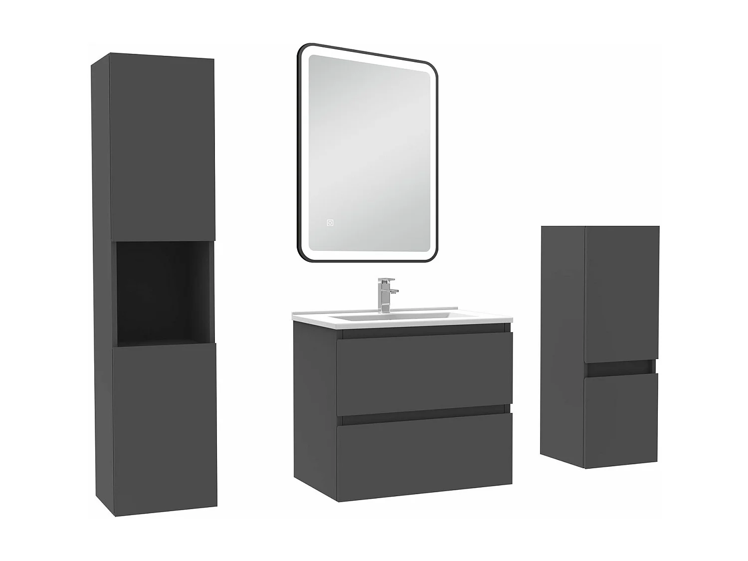 Meuble salle de Bain 60cm avec colonne + miroir mural lumineux 3 couleurs Anthracite