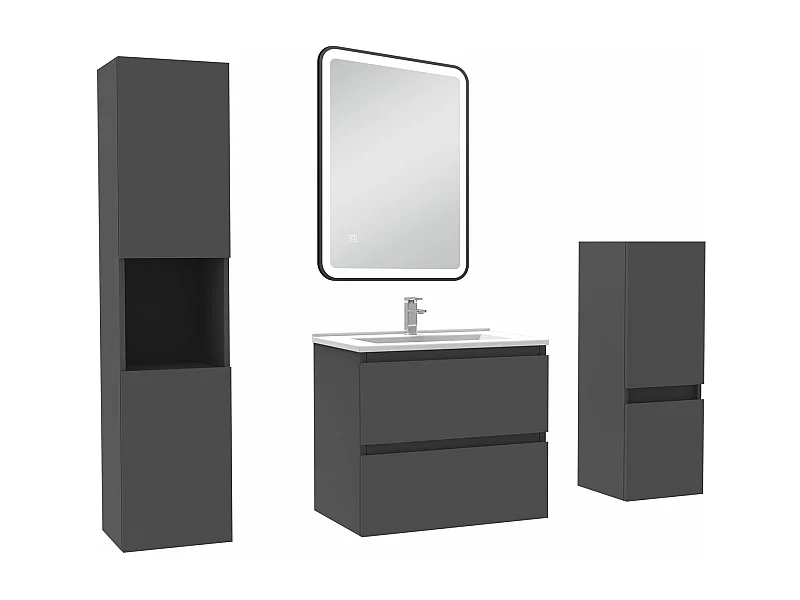 Meuble salle de Bain 60cm avec colonne + miroir mural lumineux 3 couleurs Anthracite