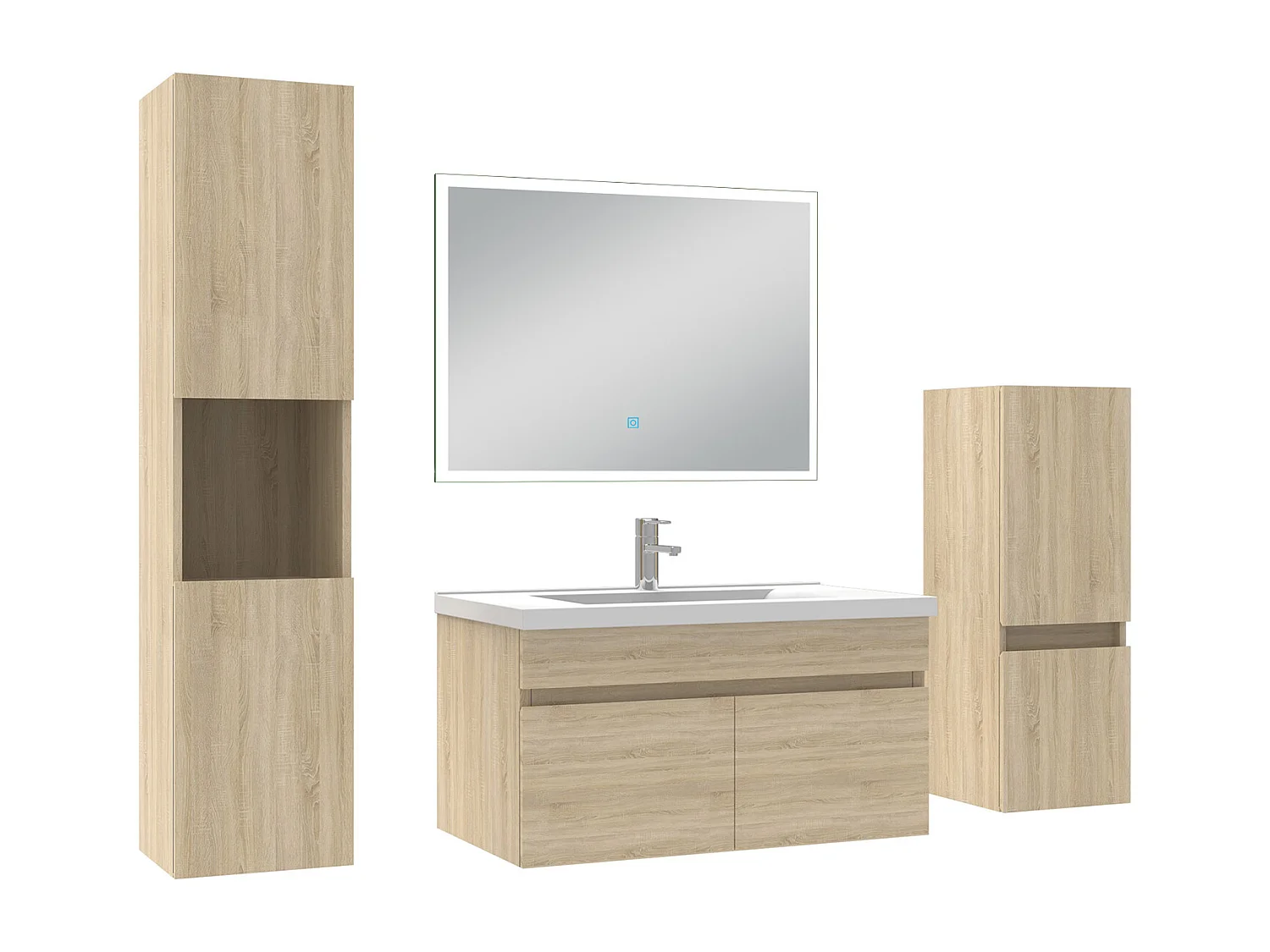 Ensemble meuble Salle de Bain 80cm avec simple vasque + colonne + miroir lumineux dimmable chêne wotan