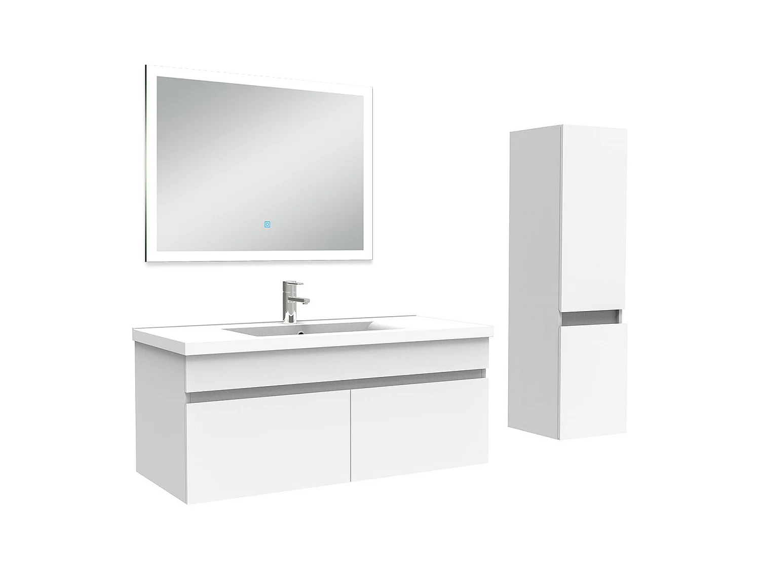 Ensemble meuble Salle de Bain 100cm avec vasque + colonne + miroir lumineux 3 couleurs blanc
