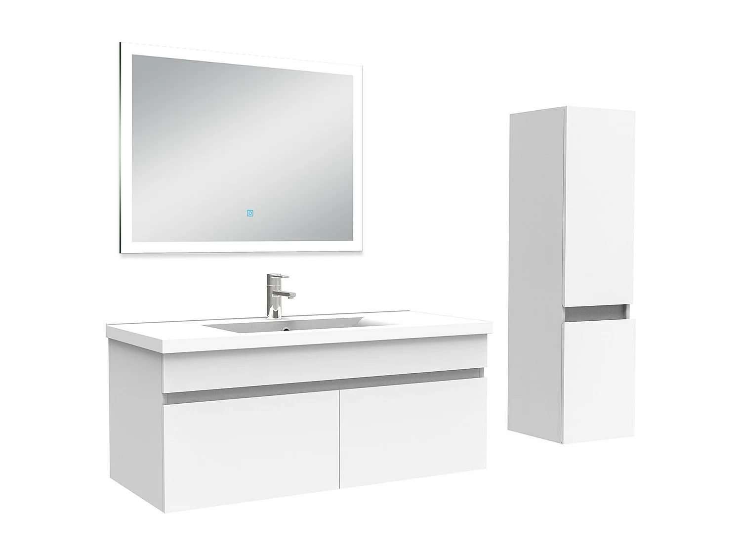 Ensemble meuble Salle de Bain 100cm avec vasque + colonne + miroir lumineux 3 couleurs blanc