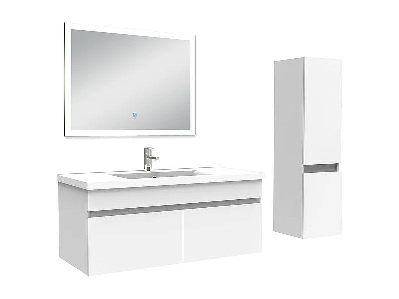 Ensemble meuble Salle de Bain 100cm avec vasque + colonne + miroir lumineux 3 couleurs blanc